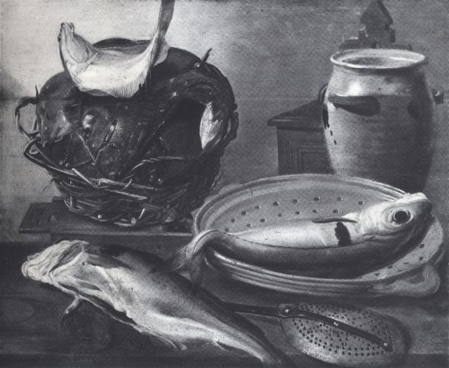 Anonimo — Cassana Giovanni Agostino - sec. XVIII - Natura morta con pesci, cesto e stoviglie — insieme